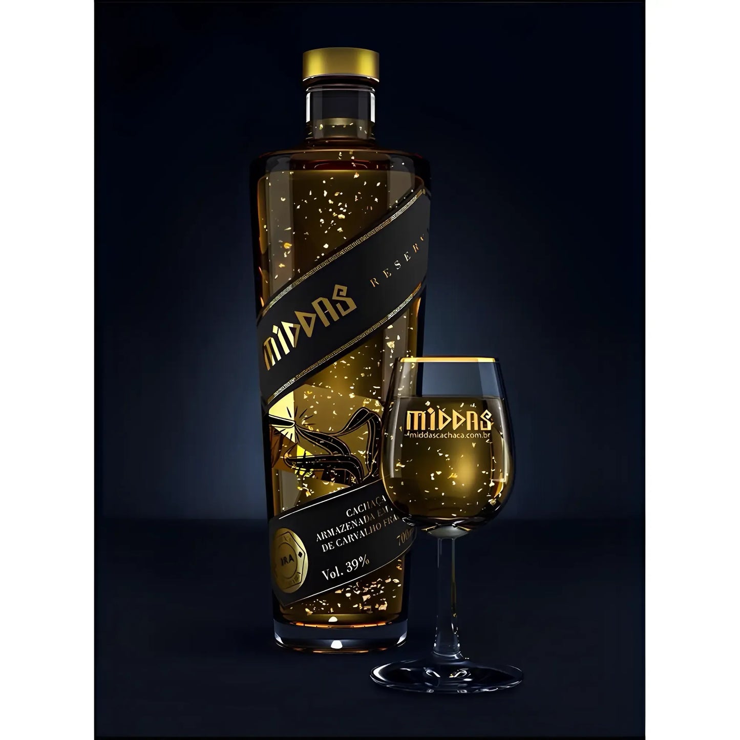 Tall sleek bottle of golden cachaca with floating 23k gold flakes and matching gold-accented glass on dark background.