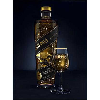 Tall sleek bottle of golden cachaca with floating 23k gold flakes and matching gold-accented glass on dark background.