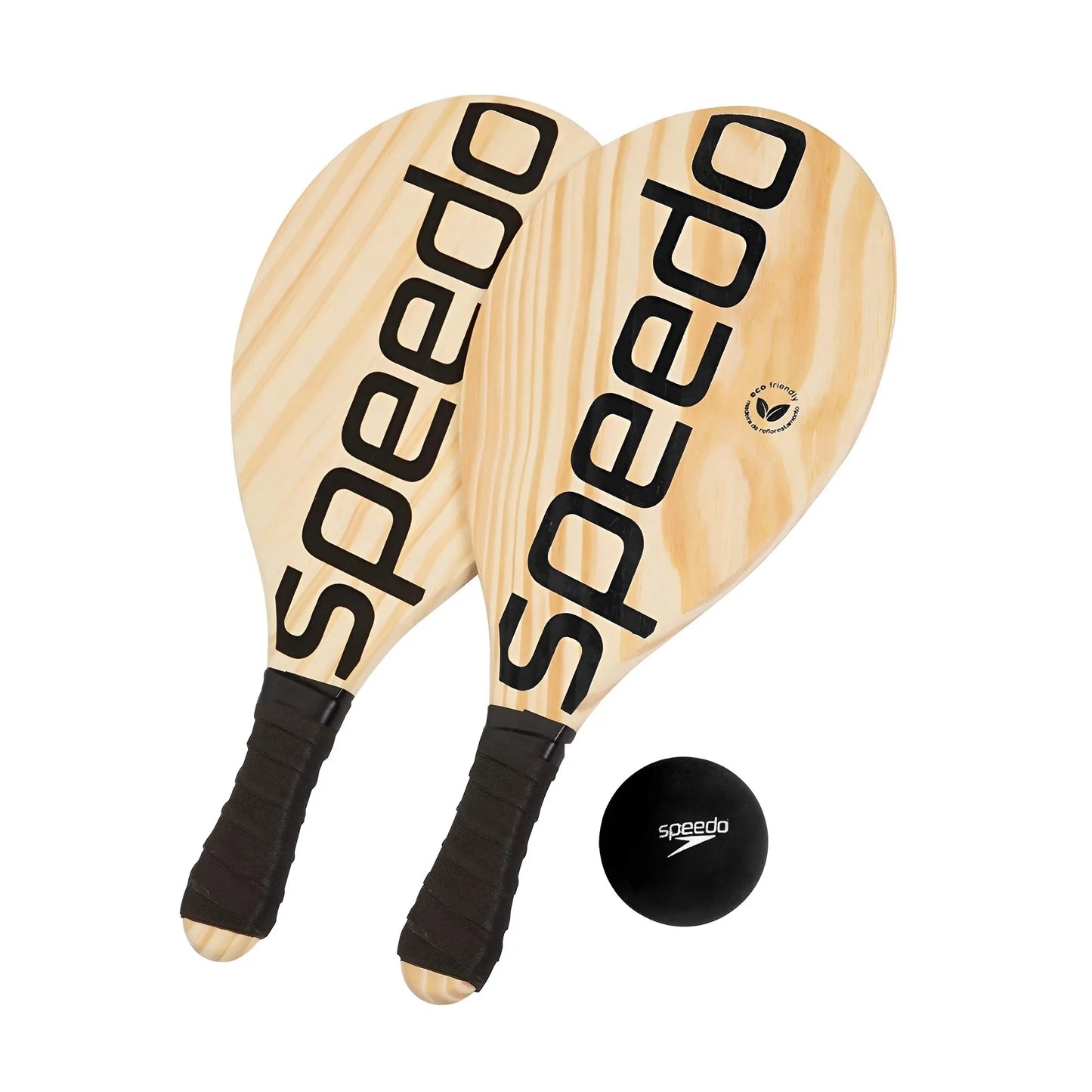 Wooden paddleball set with black Speedo logo, black grips, and a black ball with white Speedo branding.
