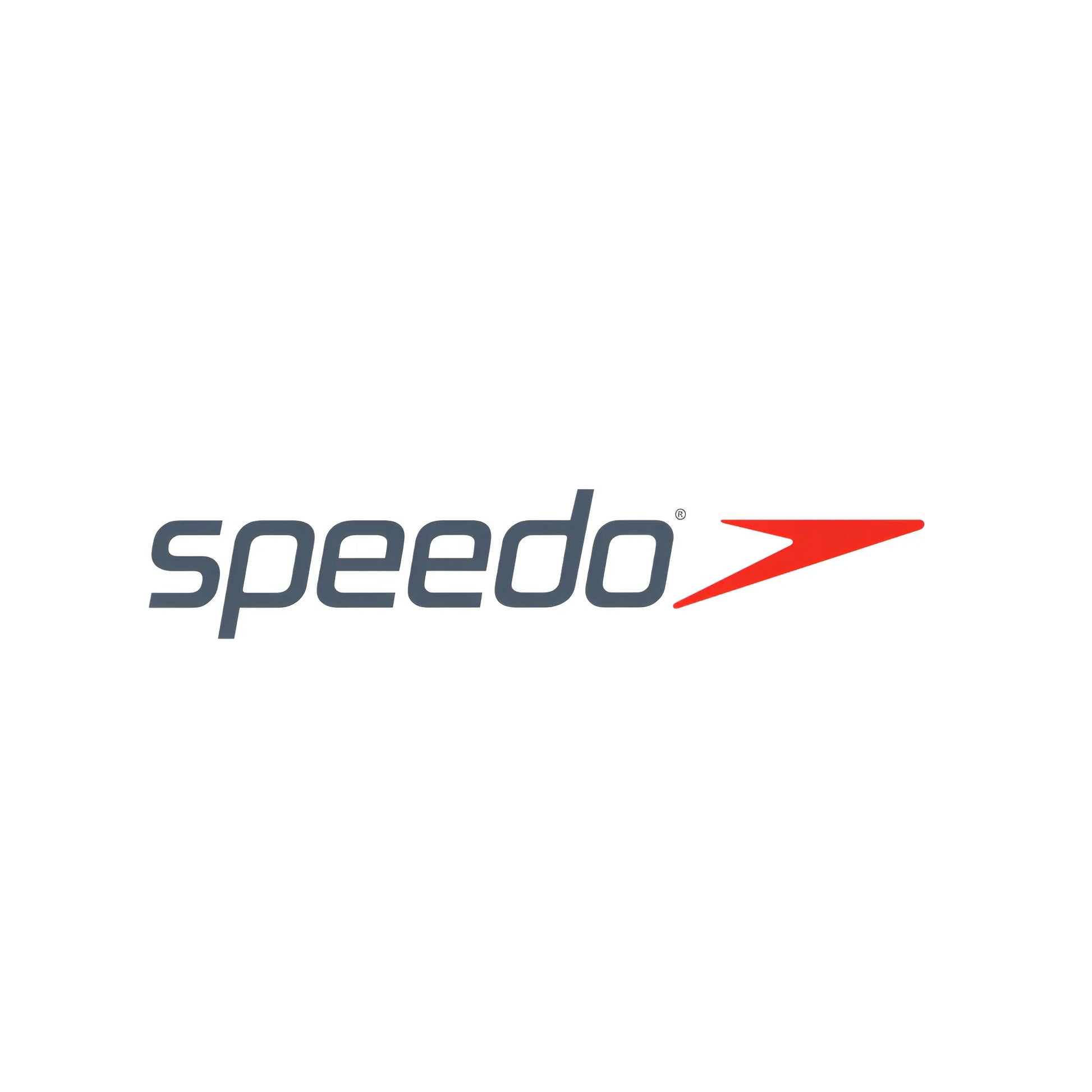 Speedo logo in dark gray text with red stylized arrow on white background.