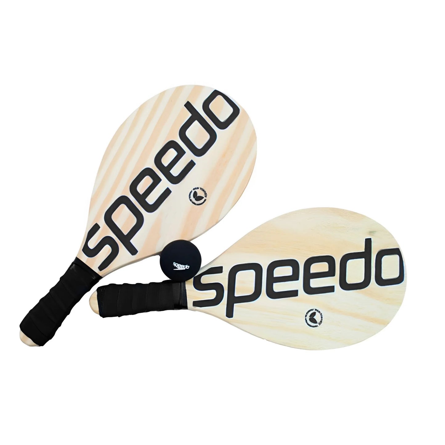 Wooden paddleball set with Speedo logo, black handles, and a black ball.