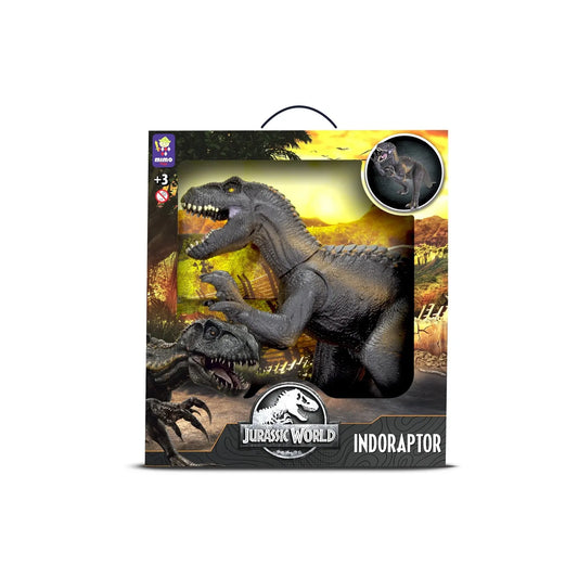 Gray articulated Indoraptor dinosaur figure with sharp teeth and claws in Jurassic World-themed packaging.
