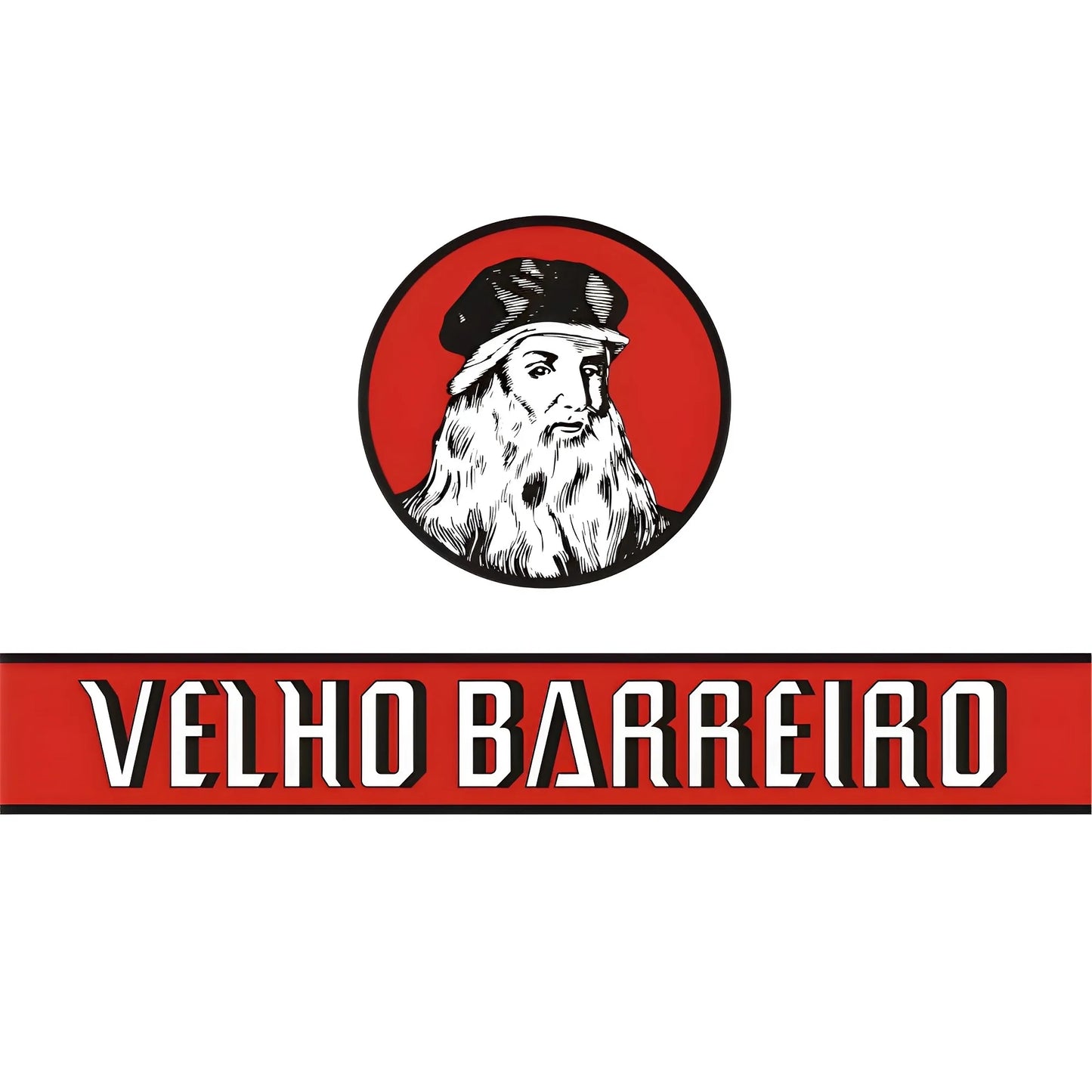 Red circular logo with an illustration of an old man wearing a sailor hat above white text "Velho Barreiro" on a red banner.
