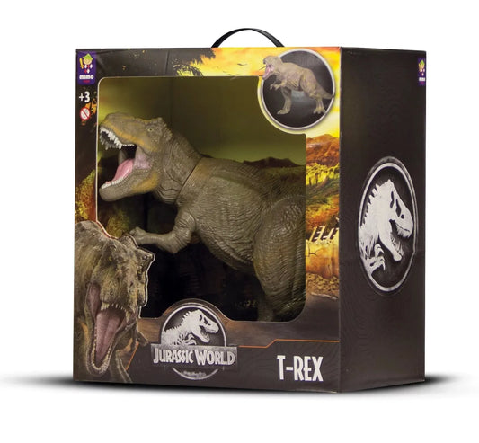 Green and brown articulated T-Rex figure with open mouth, in Jurassic World box packaging.
