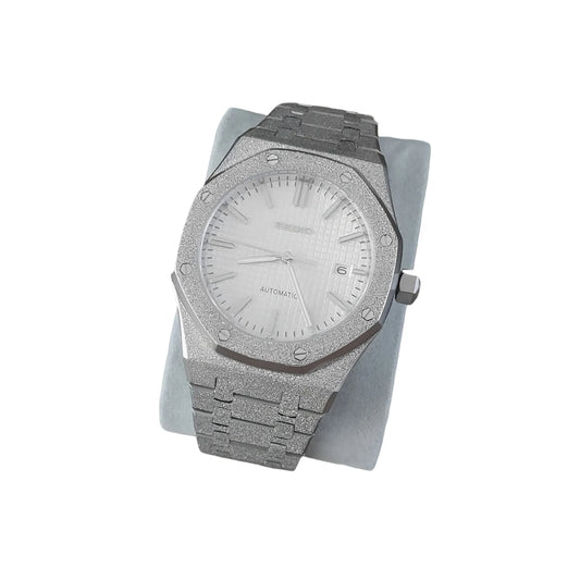 Seiko NH35 Frosted Royal Oak watch with 41mm white dial and textured silver stainless steel bracelet.