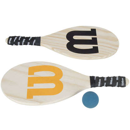 Wooden Wilson Frescobol paddleball set with black and orange logos, black grip handles, and blue ball.
