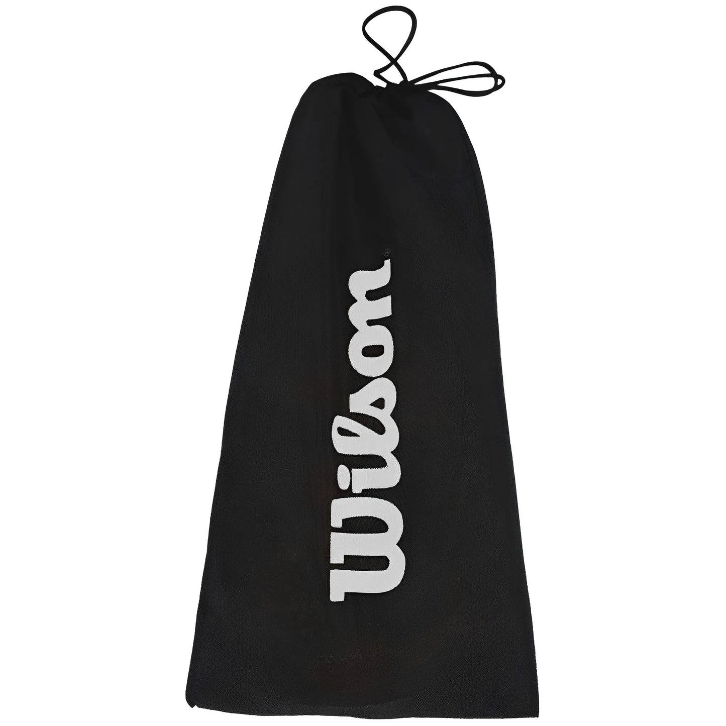 Black drawstring bag with white Wilson logo printed vertically, made for paddleball set storage.