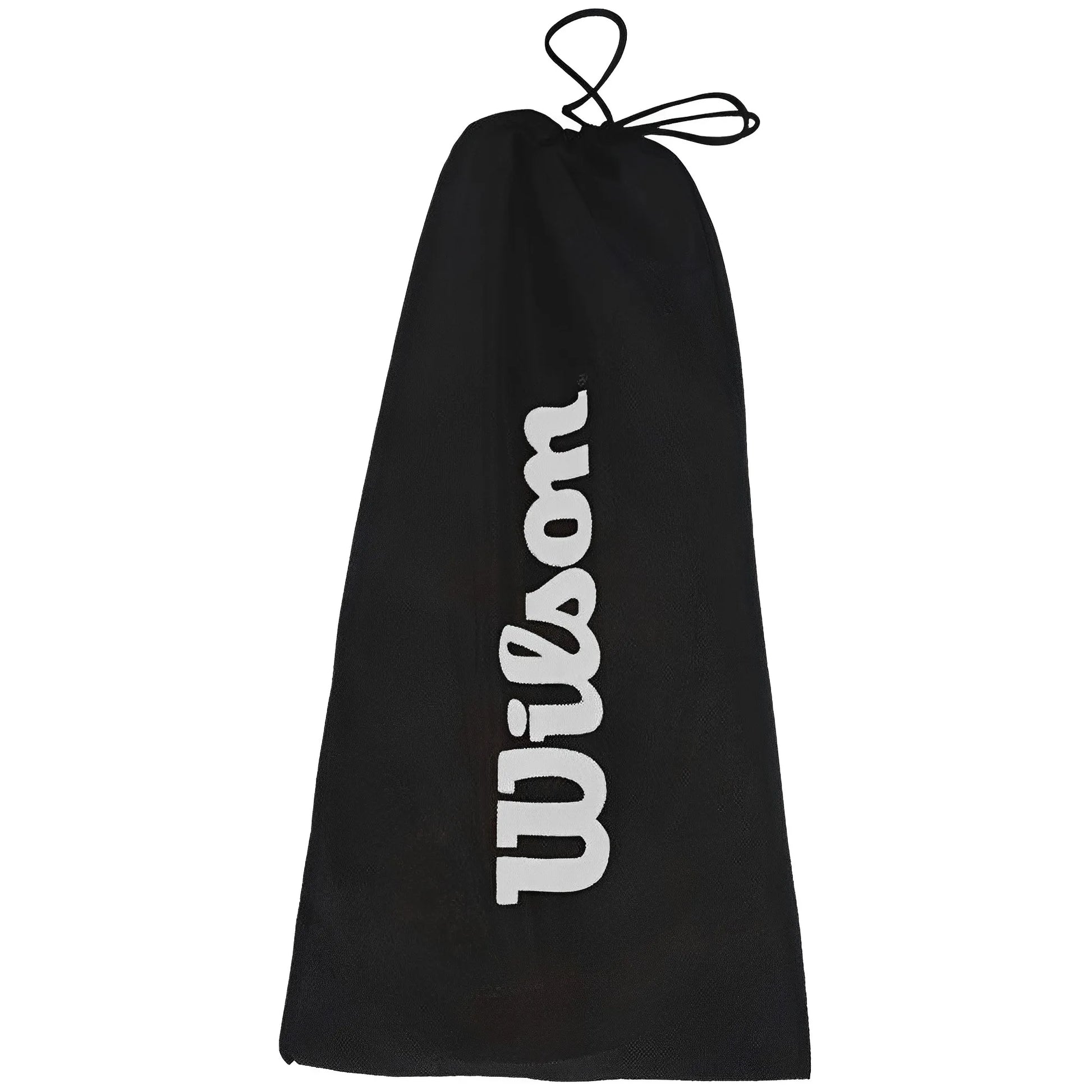 Black drawstring bag with white Wilson logo printed vertically, made for paddleball set storage.