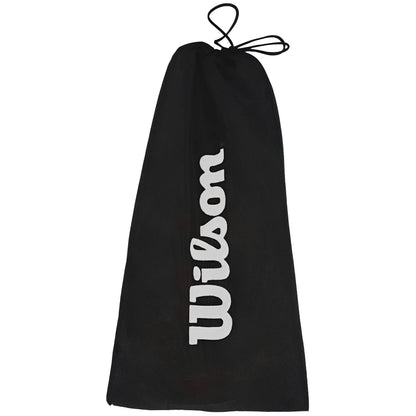 Black drawstring bag with white Wilson logo printed vertically, made for paddleball set storage.