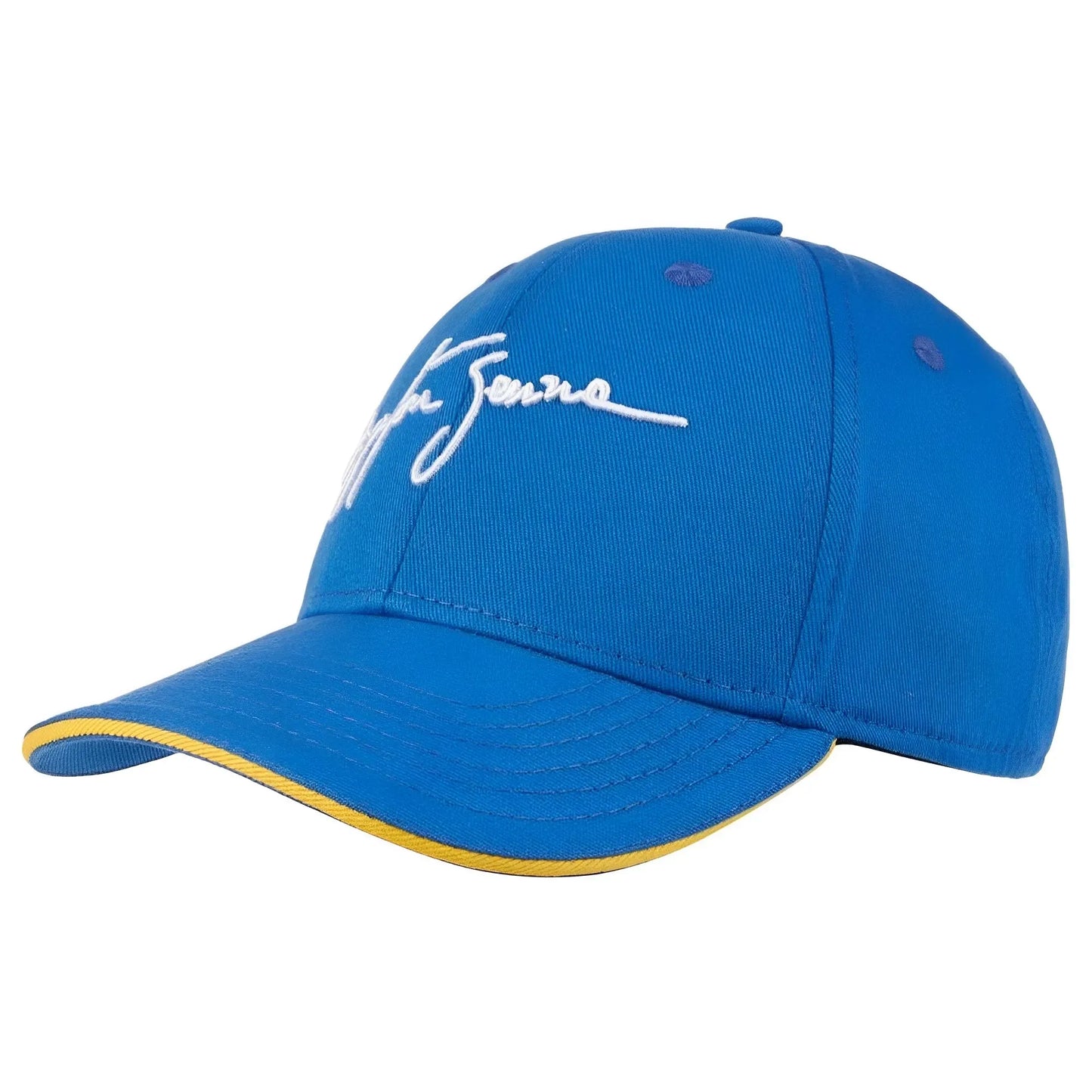 Royal blue baseball cap with white Ayrton Senna signature and yellow trim on the brim.