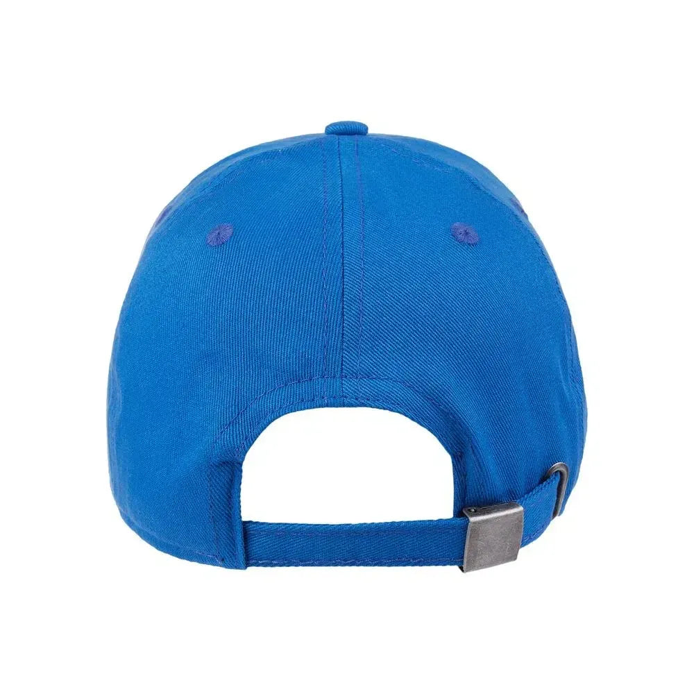 Royal blue cap with adjustable strap and metal buckle closure, embroidered eyelets visible.