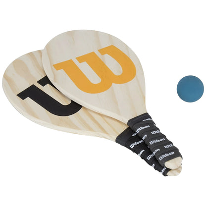 Pair of light wood Wilson Frescobol paddleball paddles with black handles and blue ball.