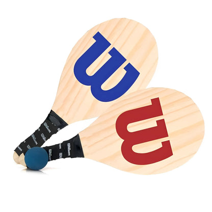 Wooden paddleball set with one paddle featuring a large blue "W" and the other a red "W," black handles, and a blue rubber.