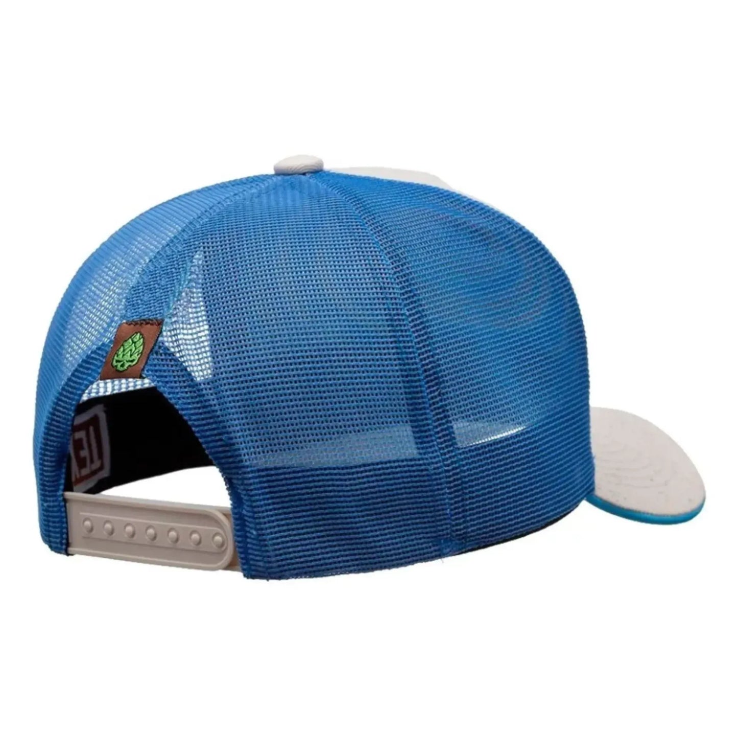Blue mesh trucker hat with gray adjustable snapback and white front panel.