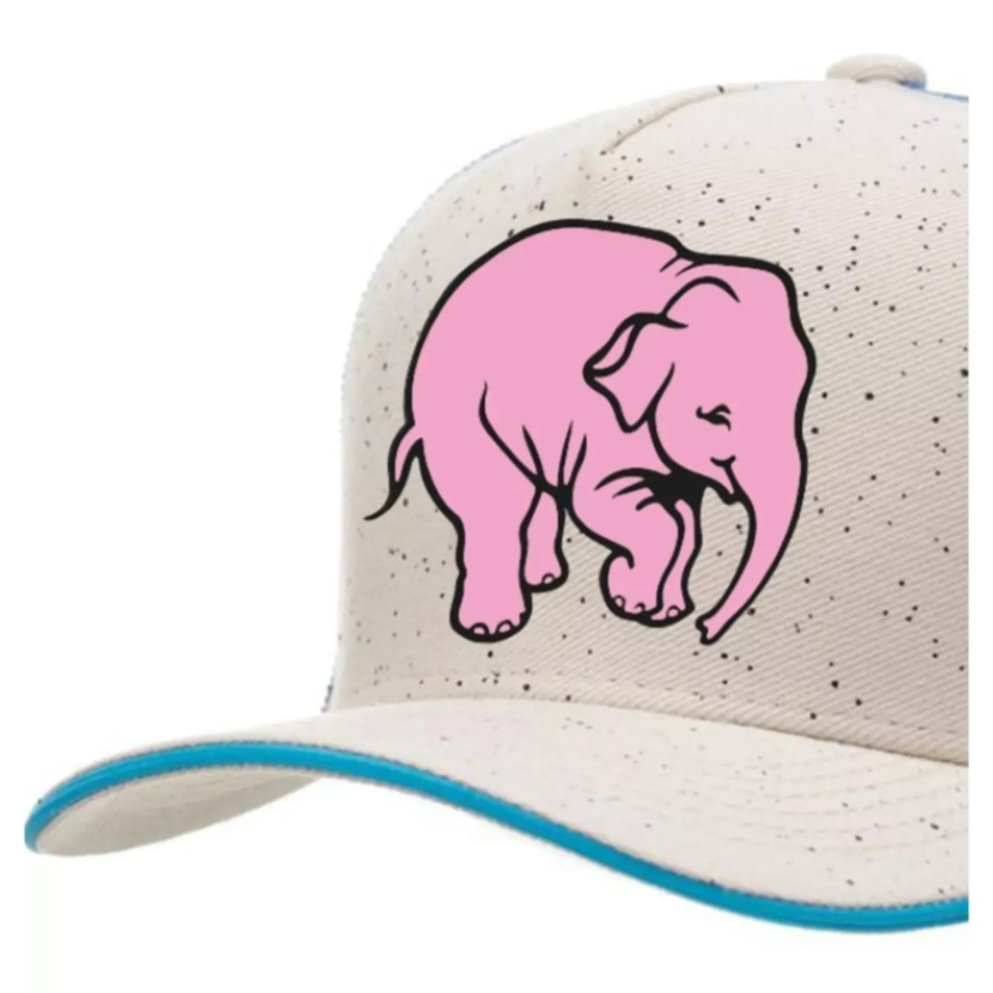 Beige speckled baseball cap with pink elephant graphic and light blue trim on brim.