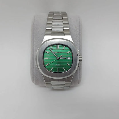 Seiko Nautilus watch with 40mm stainless steel case and bracelet, green textured dial, silver hour markers, and date window.