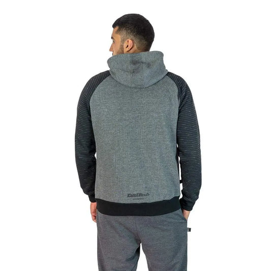Men's gray and black hoodie with attached hood and ribbed cuffs, rear view.