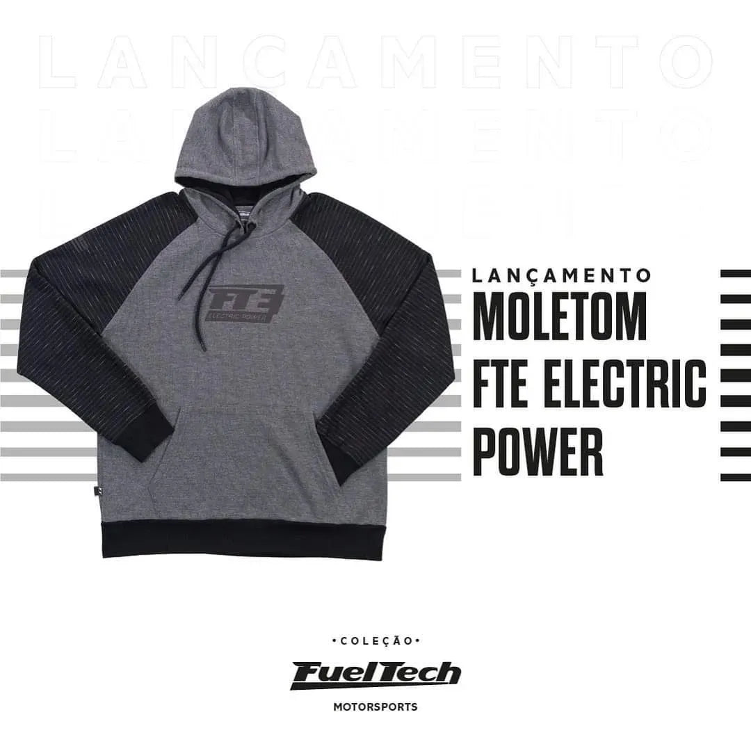 Gray and black hoodie with FuelTech FTE Electric Power logo on chest, medium size.