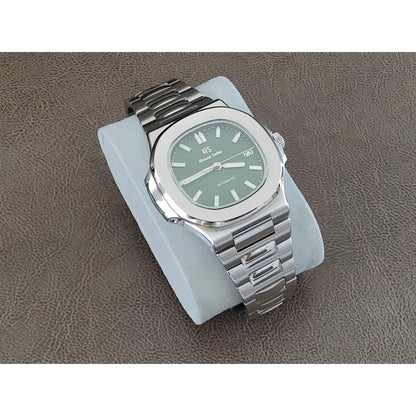 Stainless steel 40mm Seiko watch with olive green dial, silver hour markers, and bracelet strap on gray cushion.