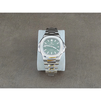 Seiko Nautilus-style 40mm watch with olive green dial, silver hour markers, and stainless steel bracelet.
