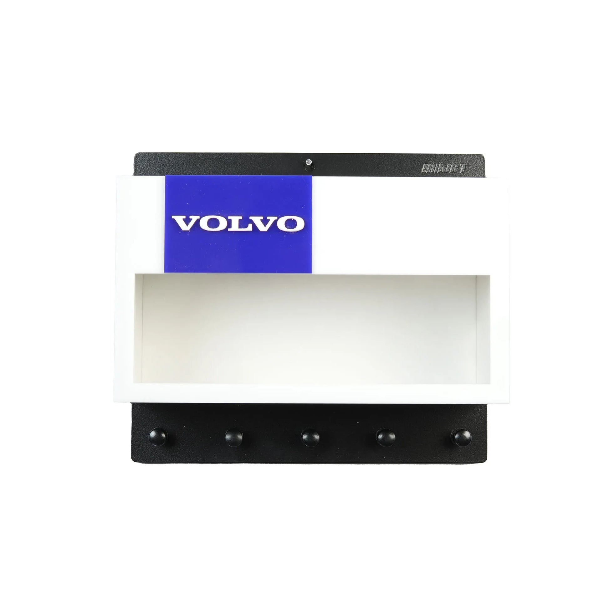 White and black Volvo-themed wall key hook rack with a blue logo panel and four black hooks.