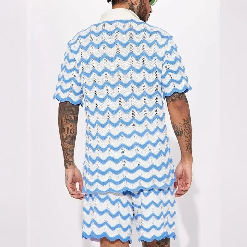 Men's white knit short-sleeve top and shorts set with blue wave pattern, relaxed fit streetwear style.