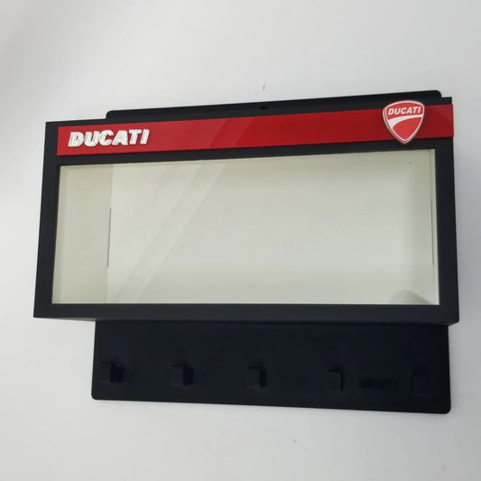 Black and red Ducati wall key hook rack with clear display case and four black hooks.