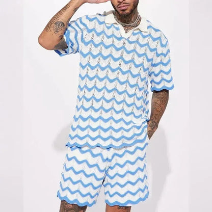 Men's white knit short-sleeve shirt and shorts set with blue zigzag pattern and relaxed fit.