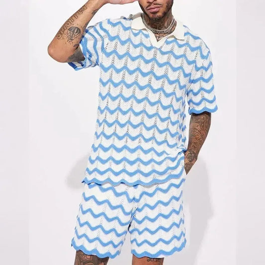 Men's white knit short-sleeve shirt and shorts set with blue zigzag pattern and relaxed fit.