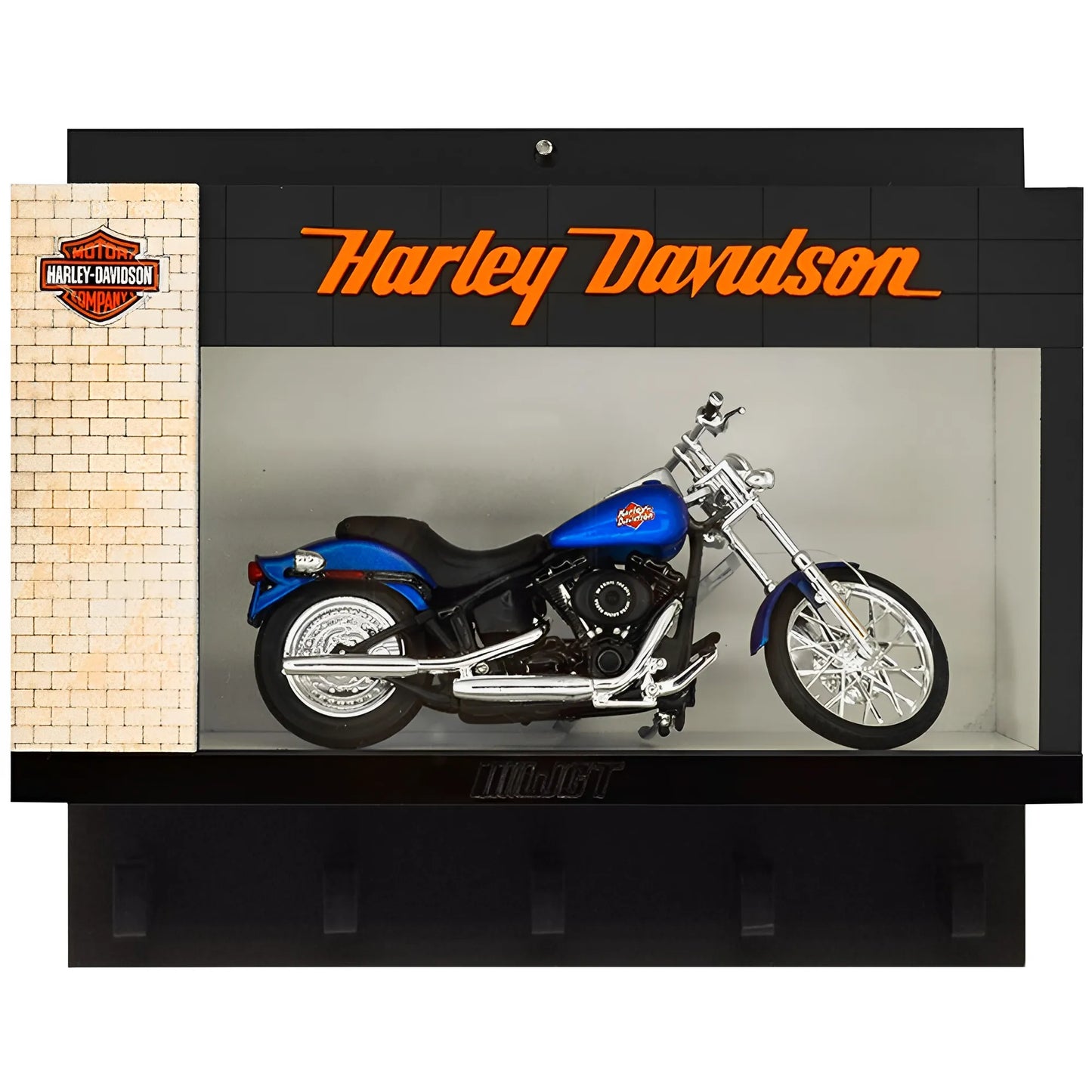 Black wall-mounted key hook rack featuring a blue Harley Davidson scale model motorcycle and orange logo.