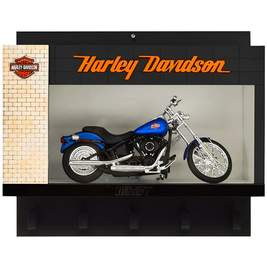 Black wall-mounted key hook rack featuring a blue Harley Davidson scale model motorcycle and orange logo.