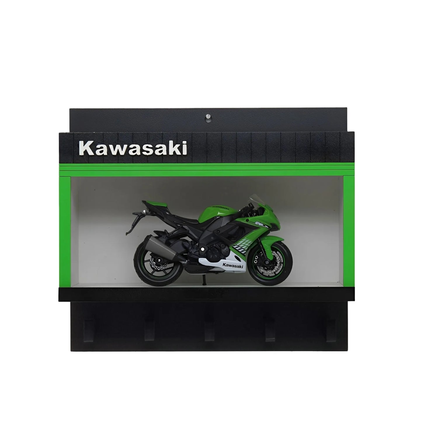 Black and green Kawasaki wall-mounted key hook rack with a green sport motorcycle scale model display case.