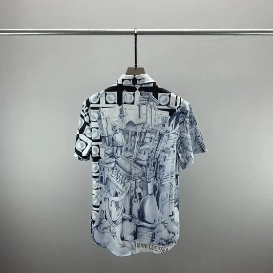Short-sleeve silk-style shirt with abstract black and white architectural prints, button-up back view.