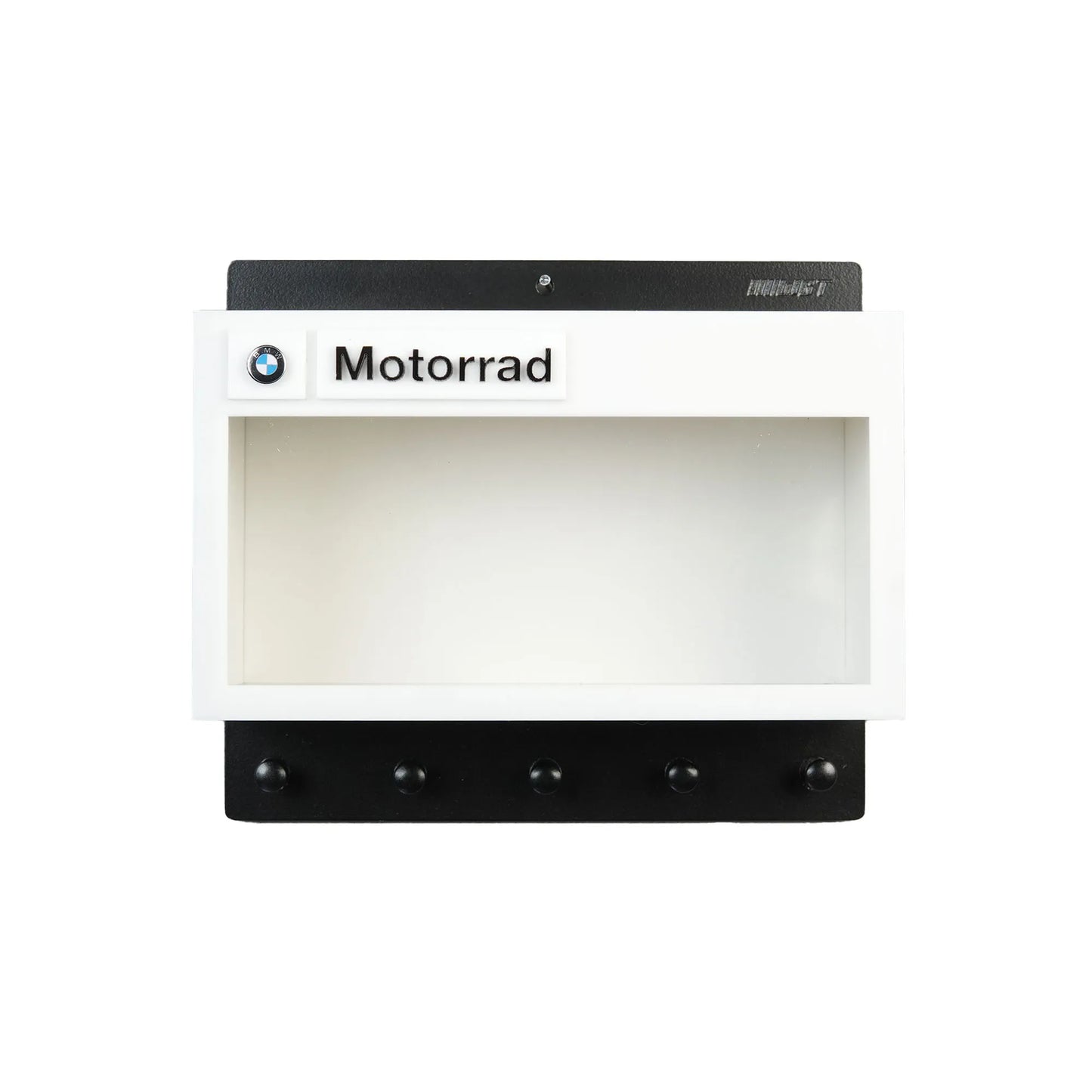 White and black wall-mounted BMW Motorrad key hook rack with five black hooks and logo badge.