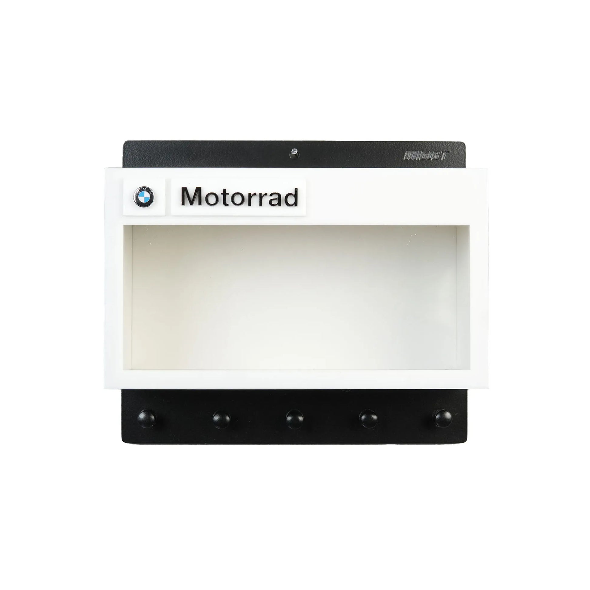 White and black wall-mounted BMW Motorrad key hook rack with five black hooks and logo badge.