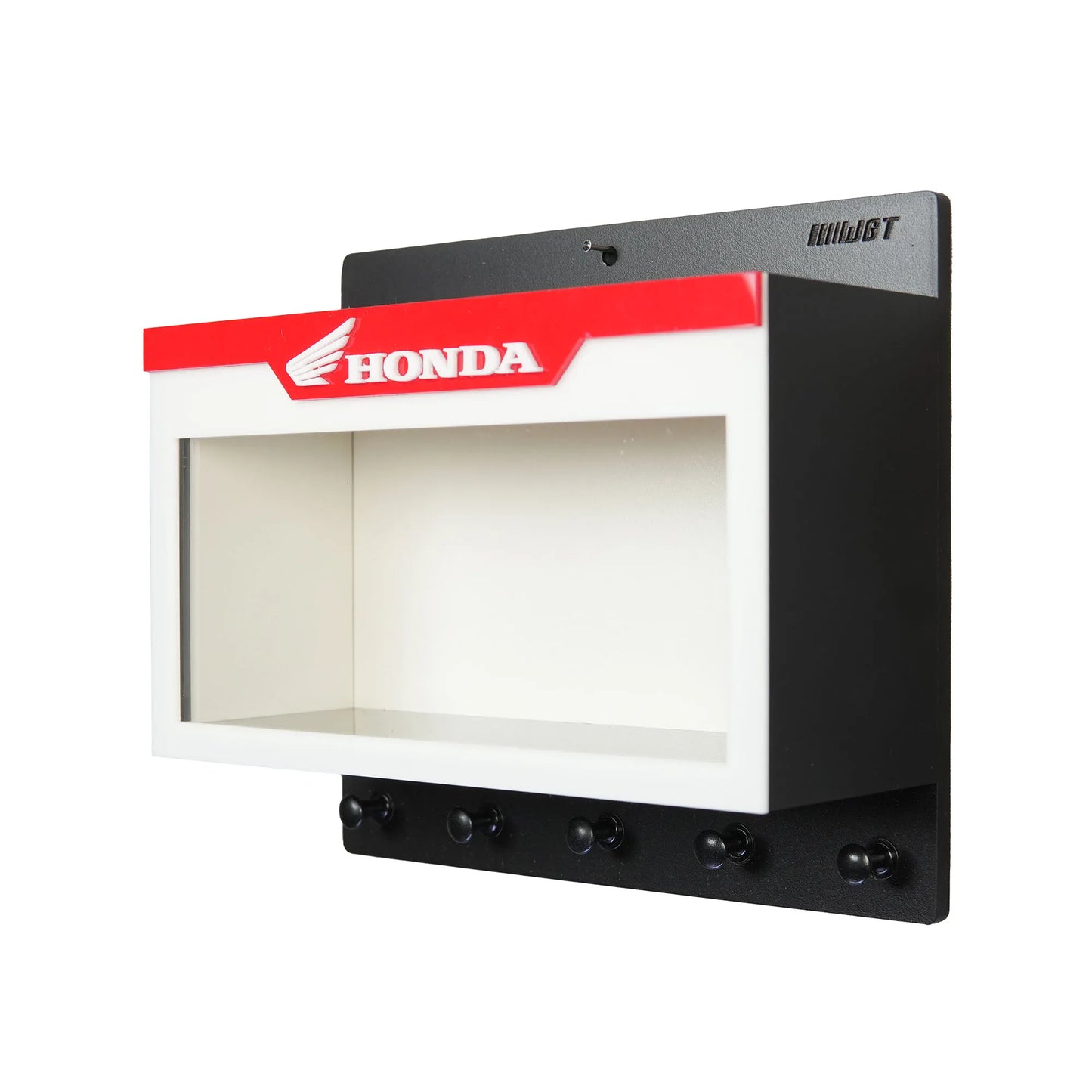 Black wall-mounted key hook rack with four hooks, white and red Honda-branded display case on top.
