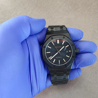 Seiko NH35 Royal Oak 41mm black dial watch with rose gold markers and black metal bracelet.