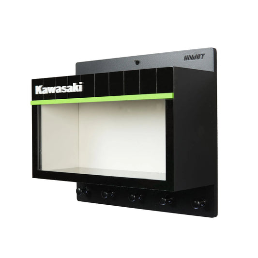 Black Kawasaki wall key hook rack with green accent and clear scale model motorcycle display case.