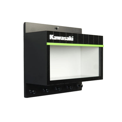 Black Kawasaki wall key hook rack with green trim and seven metal hooks beneath display case.
