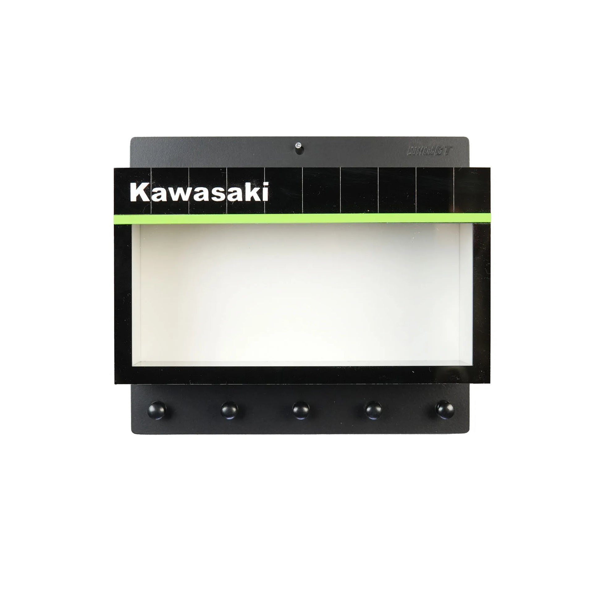Black Kawasaki-themed wall key hook rack with scale model motorcycle display case and five hooks.