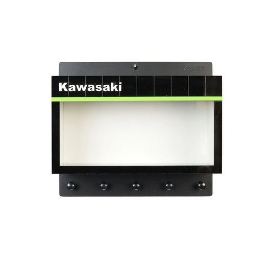 Black Kawasaki-themed wall key hook rack with scale model motorcycle display case and five hooks.