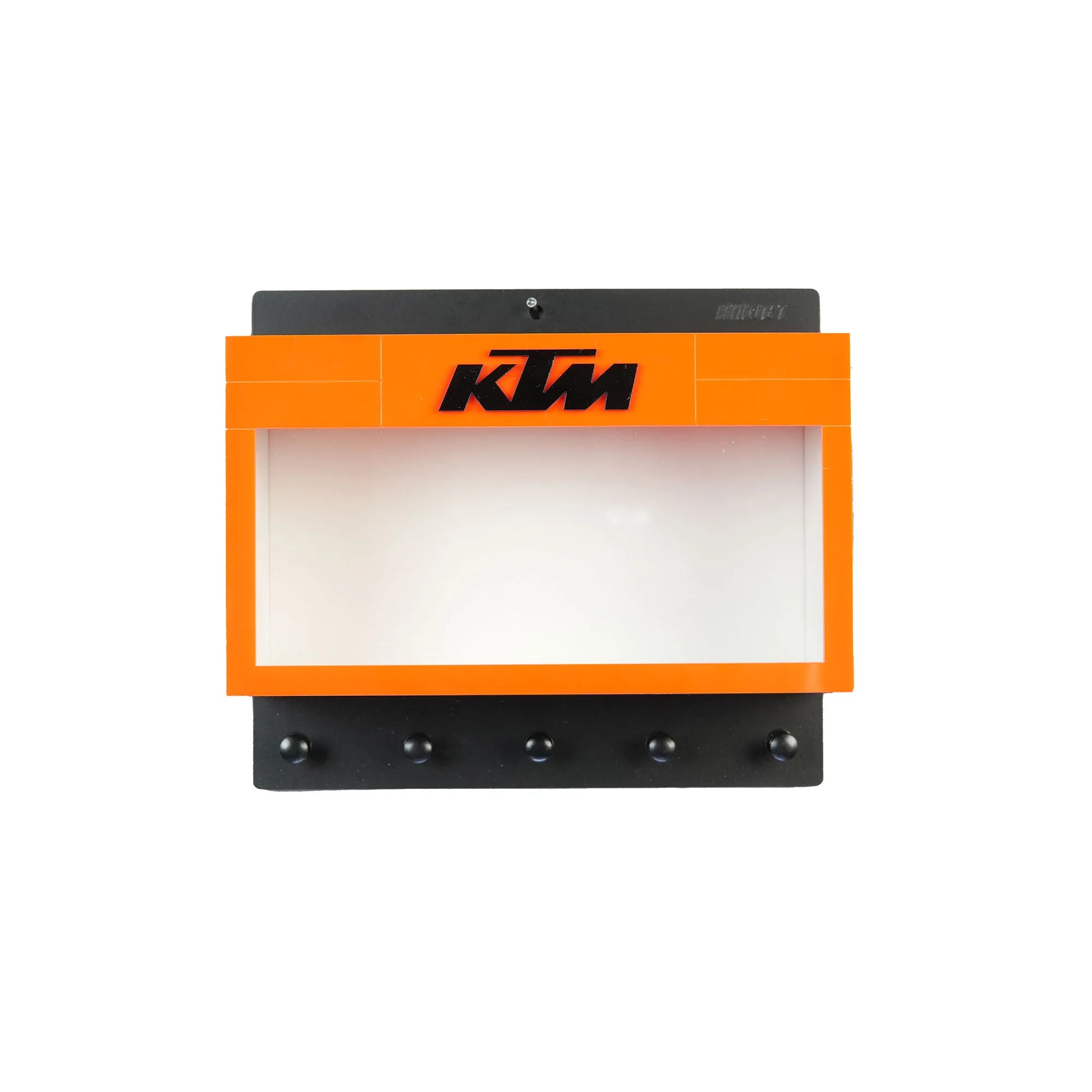 Orange and black KTM wall-mounted key hook rack with four metal hooks and a display shelf above the hooks.