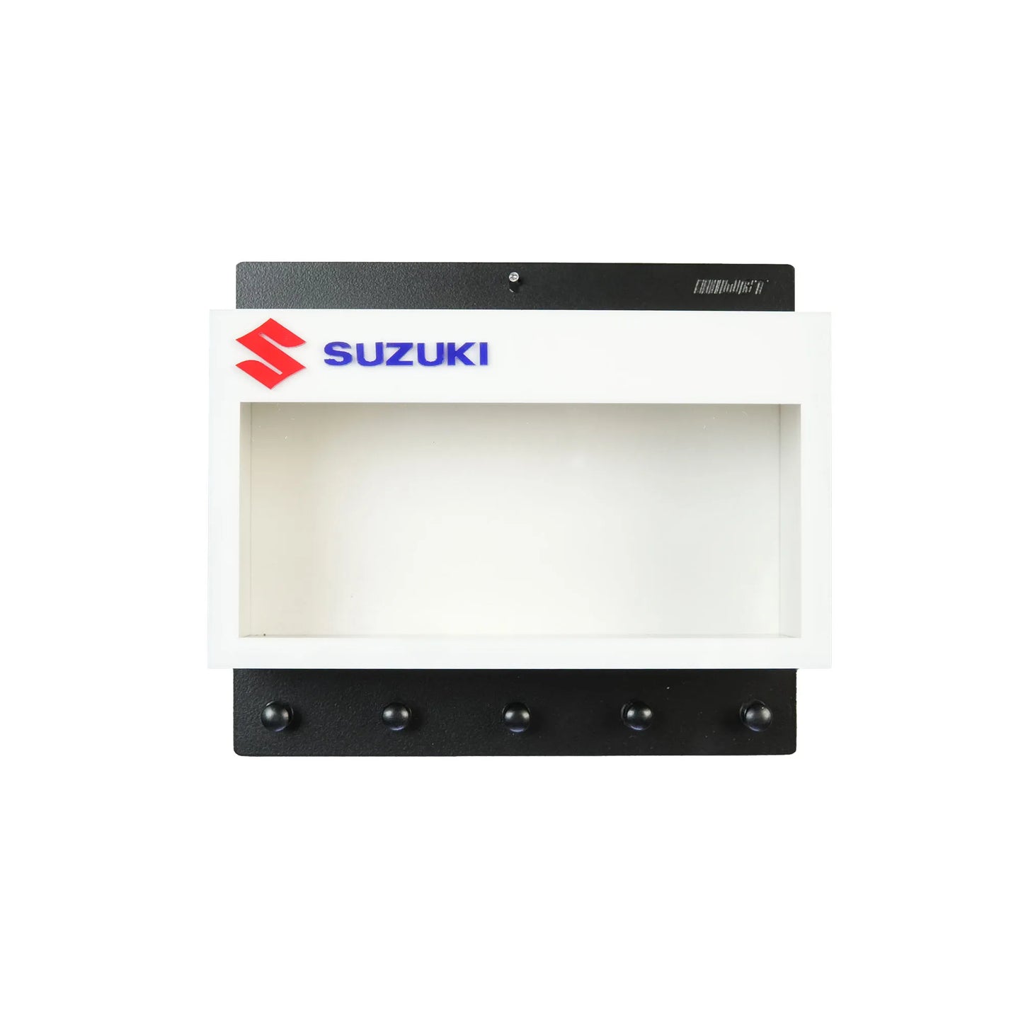 White and black Suzuki wall key hook rack with Scale Model Motorcycle Display Case and five black hooks.