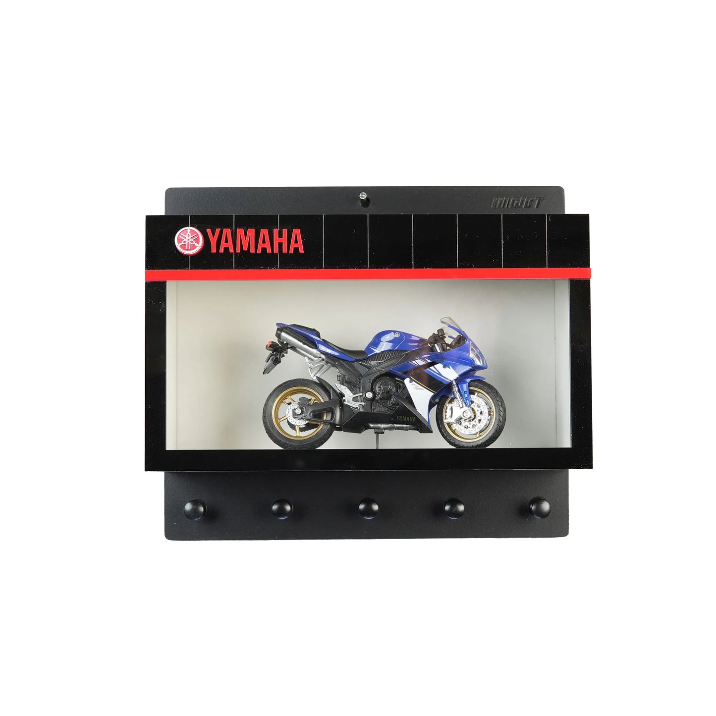 Black Yamaha wall key hook rack with red logo featuring a blue and silver scale model motorcycle inside a display case.