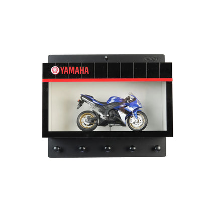 Black Yamaha wall key hook rack with red logo featuring a blue and silver scale model motorcycle inside a display case.