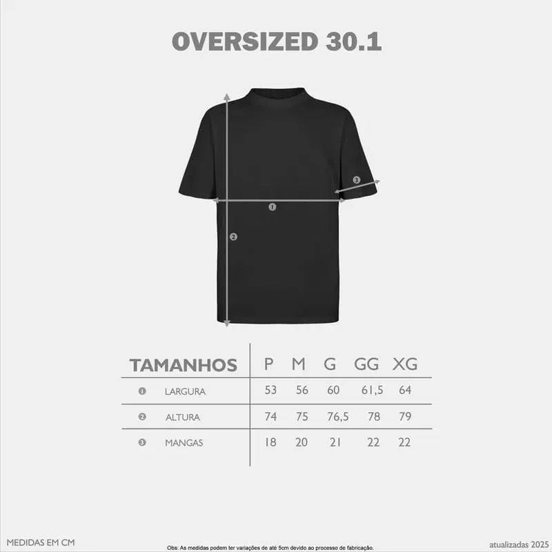Black oversized t-shirt with short sleeves and small logo on left sleeve, shown with size measurements diagram.