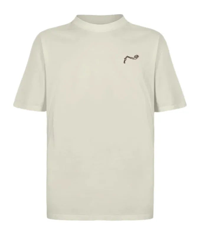 Off-white crew neck t-shirt with small black Ayrton Senna signature on left chest.