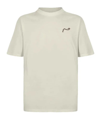 Off-white crew neck t-shirt with small black Ayrton Senna signature on left chest.