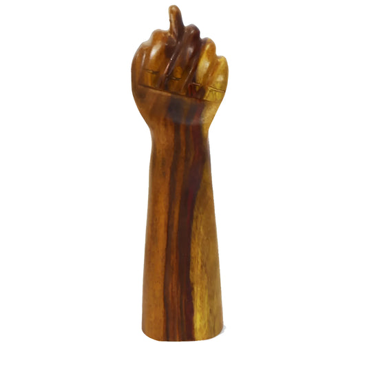 Hand-carved Pau-Brasil wooden fig sign amulet with smooth polished finish, 25cm tall.