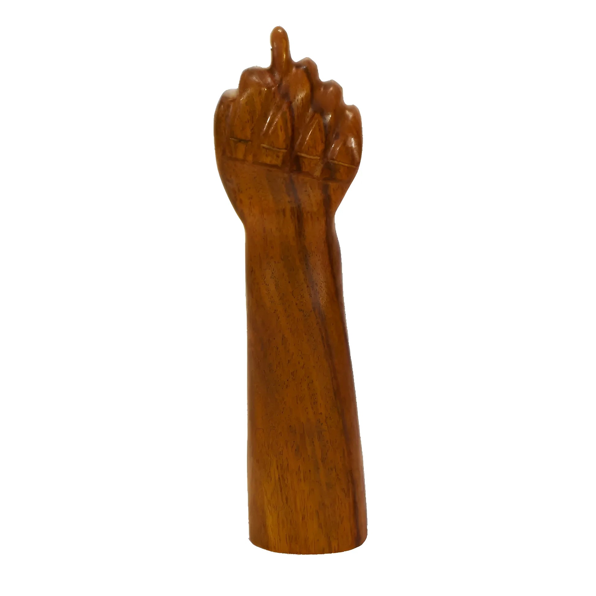 Hand-carved pau-brasil wooden amulet shaped like a closed fist, 25cm tall, smooth finish.